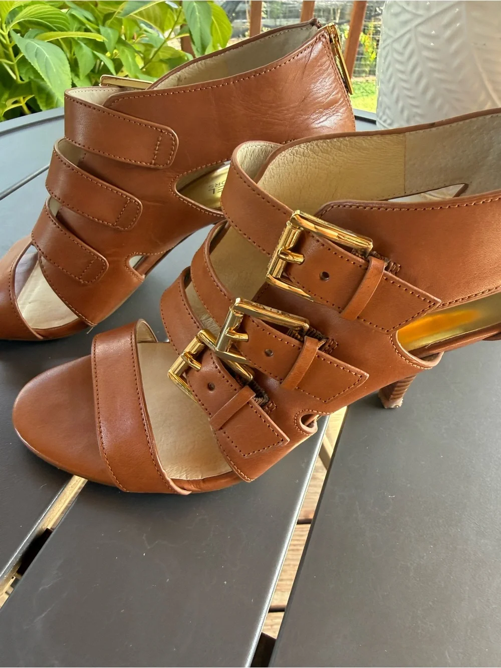 Michael Kors Cognac Leather Strappy Buckle Heels